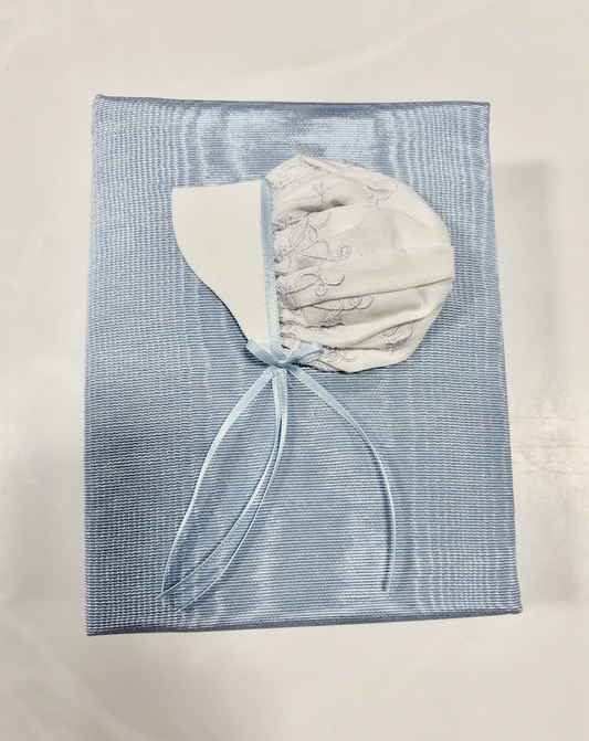 Small Photo Album with Swiss Batiste Baby Boy Bonnet