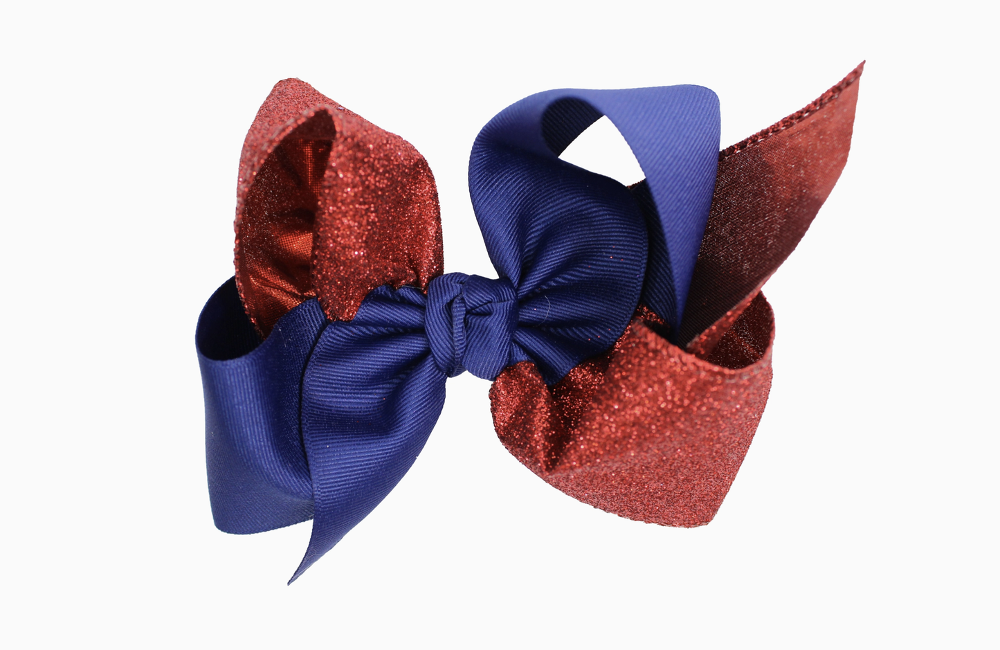 Collegiate Glitter & Grosgrain Crisscross Bow Navy/Red 5.5"