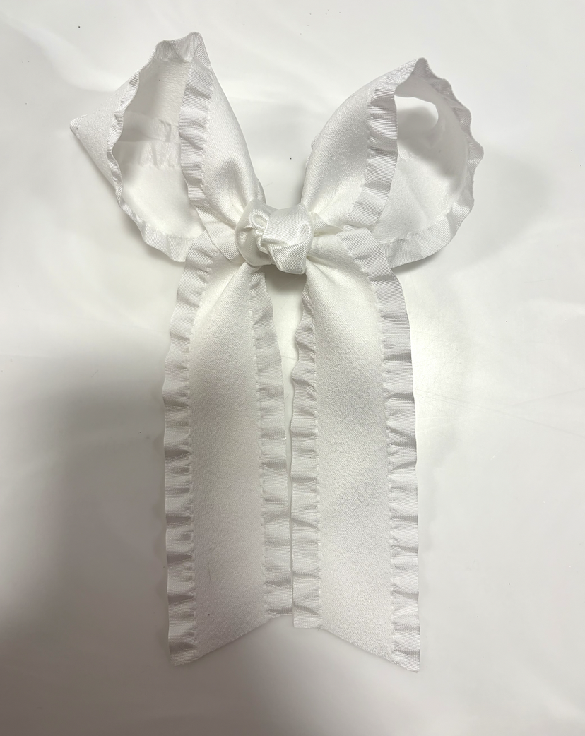 Double Ruffle Tail Bow on Alligator Clip - White