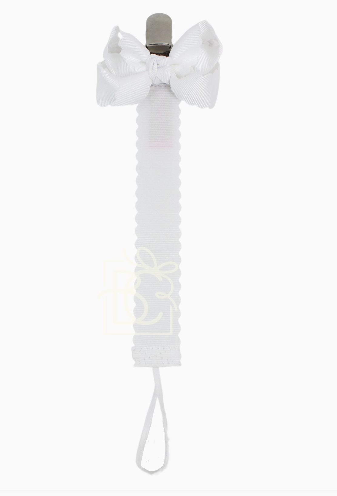 Scalloped Grosgrain Pacifier Clip w/ Detachable Bow - White