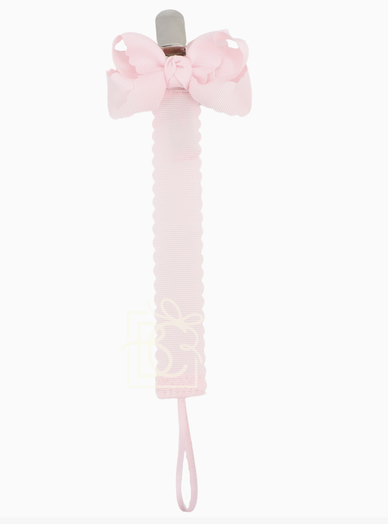 Scalloped Grosgrain Pacifier Clip w/ Detachable Bow - Powder Pink
