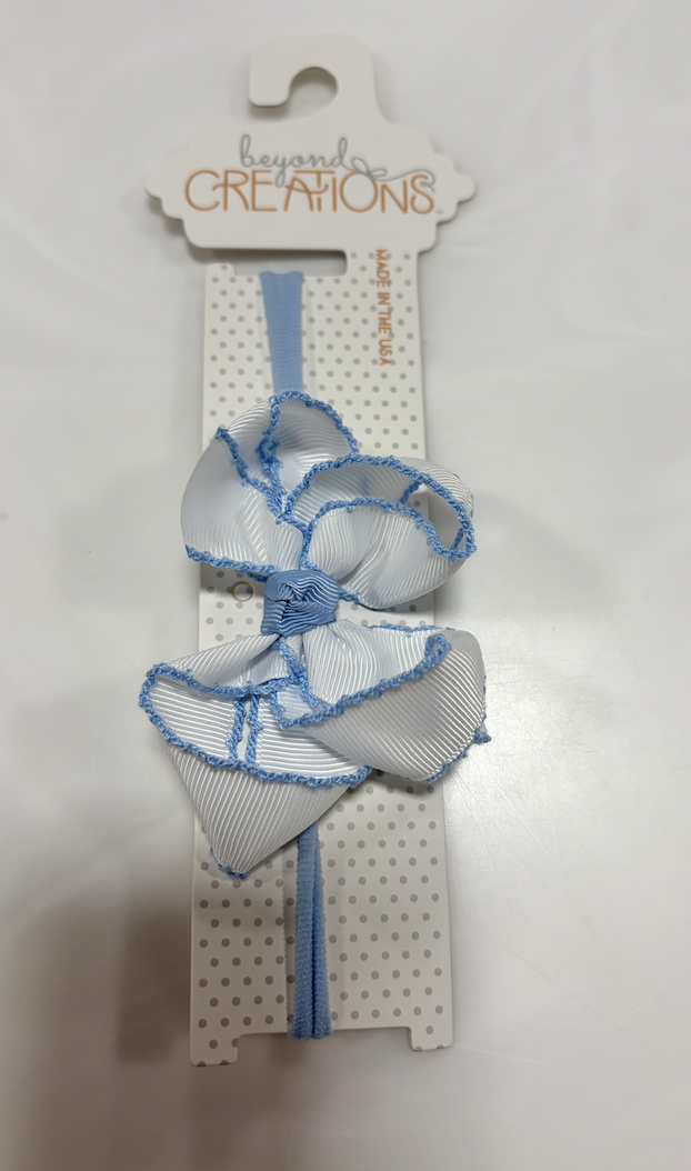 1/4" Pantyhose Headband w/ 3.5" Medium Crochet Edge Bow - White/Millennium Blue