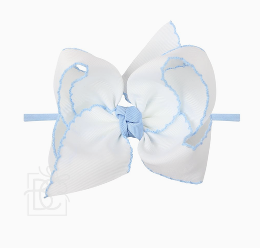 1/4" Pantyhose Headband w/ XL Crochet Edge Hair Bow - Millennium Blue/White