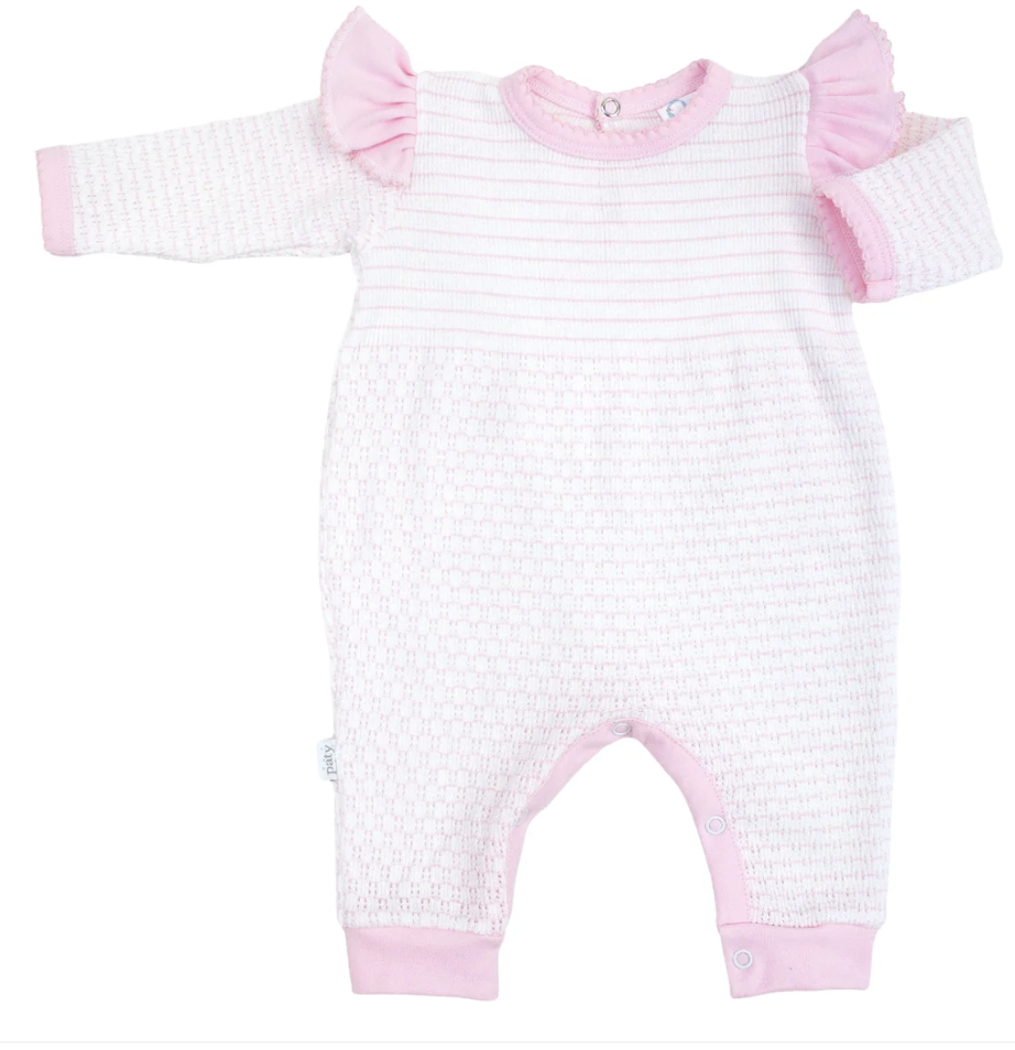 Paty Knit Long Sleeve Pinstripe Romper with Ruffle Shoulder Trim Pink w/Pink