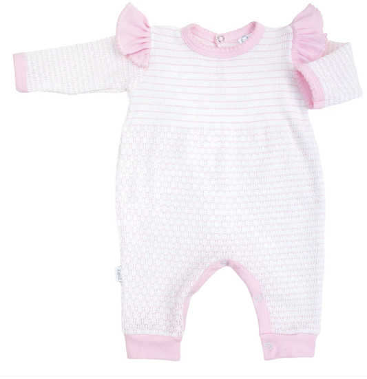 Paty Knit Long Sleeve Pinstripe Romper with Ruffle Shoulder Trim Pink w/Pink