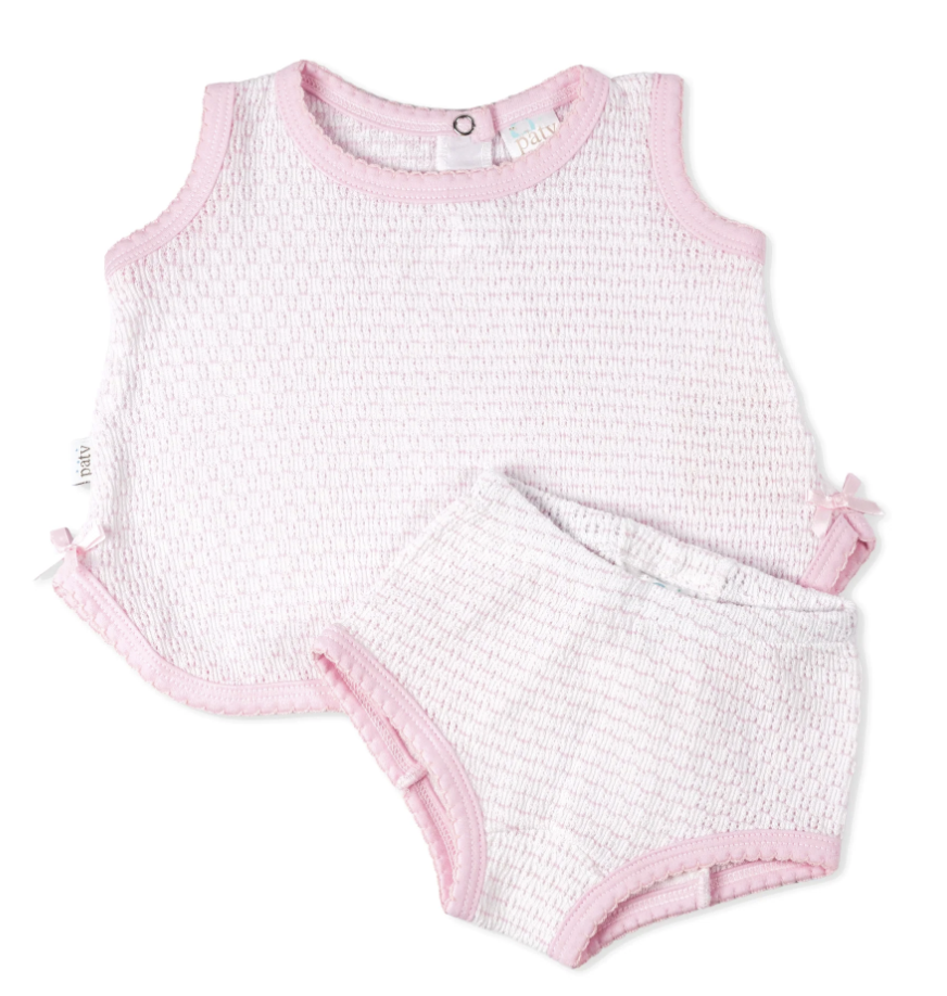 Paty Knit Pinstripe Sleeveless Diaper Set with Pima Trim Pink w/Pink