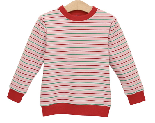 Trotter Street Kids French Terry Pullover-Merry & Bright Stripe Pink