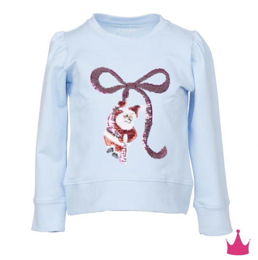 Azarhia Sequin Santa Bow Light Blue LS Tee