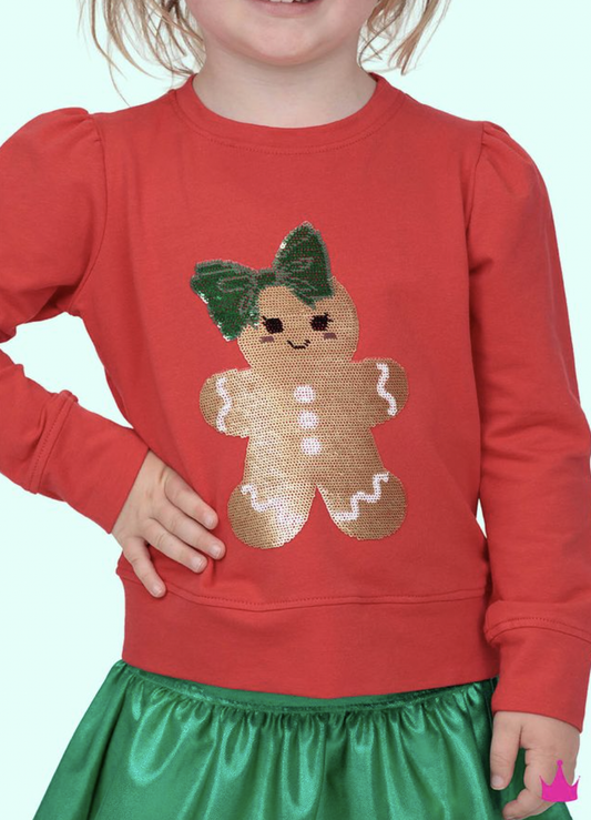 Azarhia Sequin Gingerbread Girl LS Red Tee