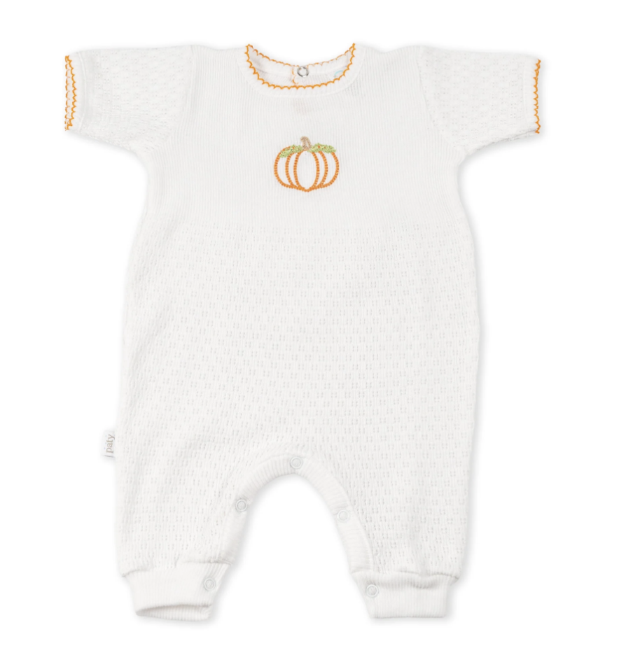 Paty Knit Short Sleeve Romper with Pumpkin Embroidery