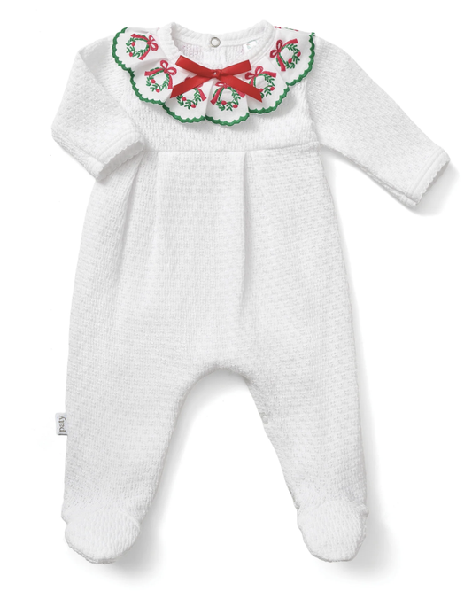Paty Knit Christmas Footie with Wreath Trim