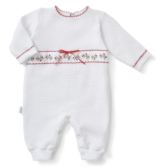 Paty Knit Christmas Romper with Swiss Pine Trim