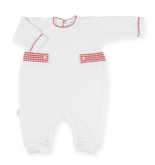 Paty Knit Long Sleeve Romper with Gingham Tabs