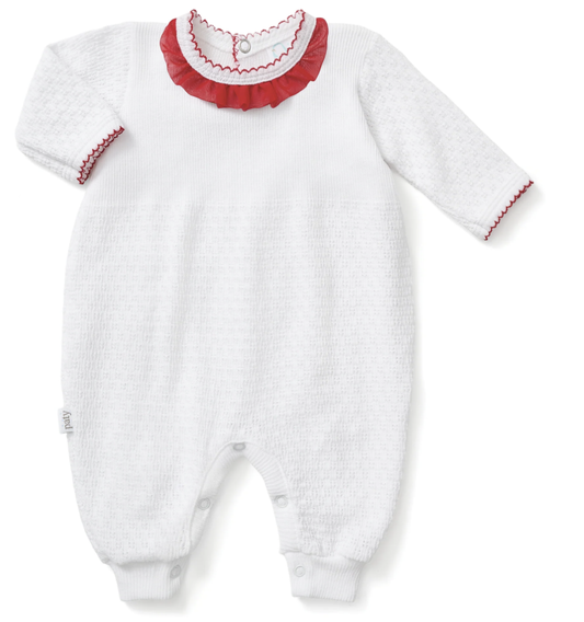 Paty Knit Long Sleeve Romper with Chiffon Trim- Red