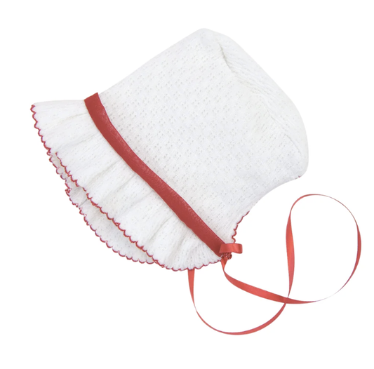 Paty Knit  Bonnet with Chiffon Trim- Red