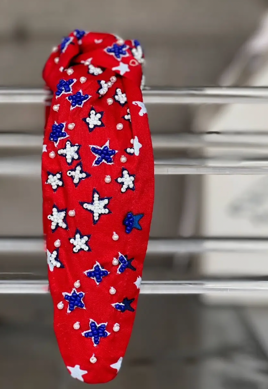 Patriotic Red Seed Beaded Star Top Knot Headband