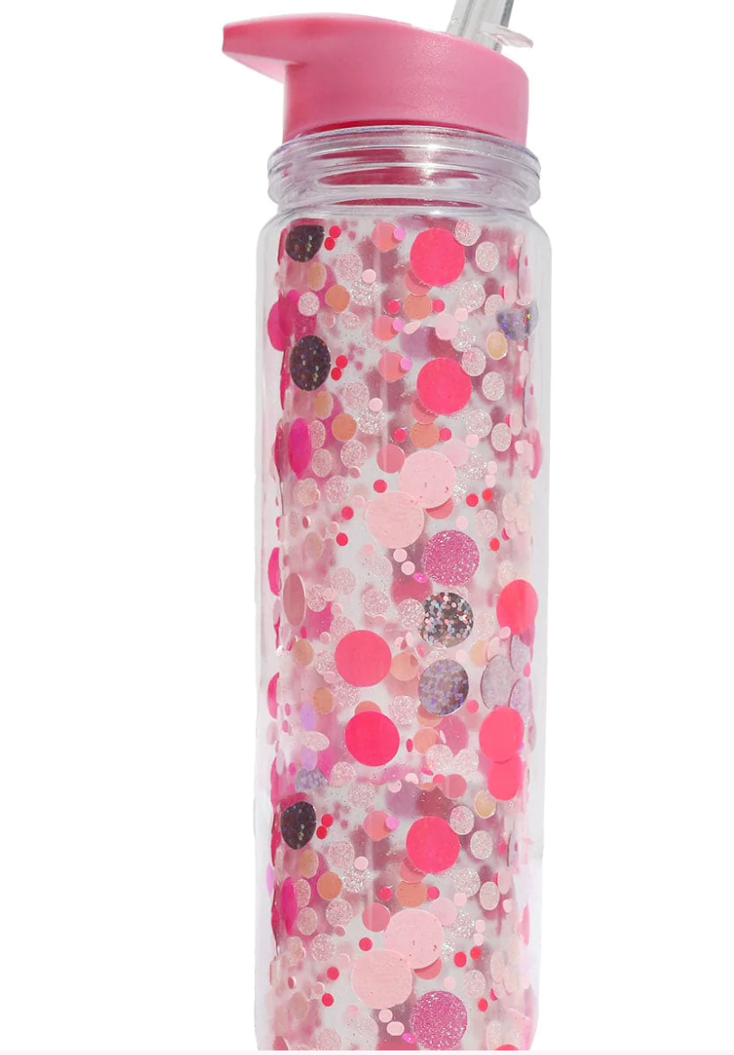 Pink Party Confetti Water Bottle w/Straw