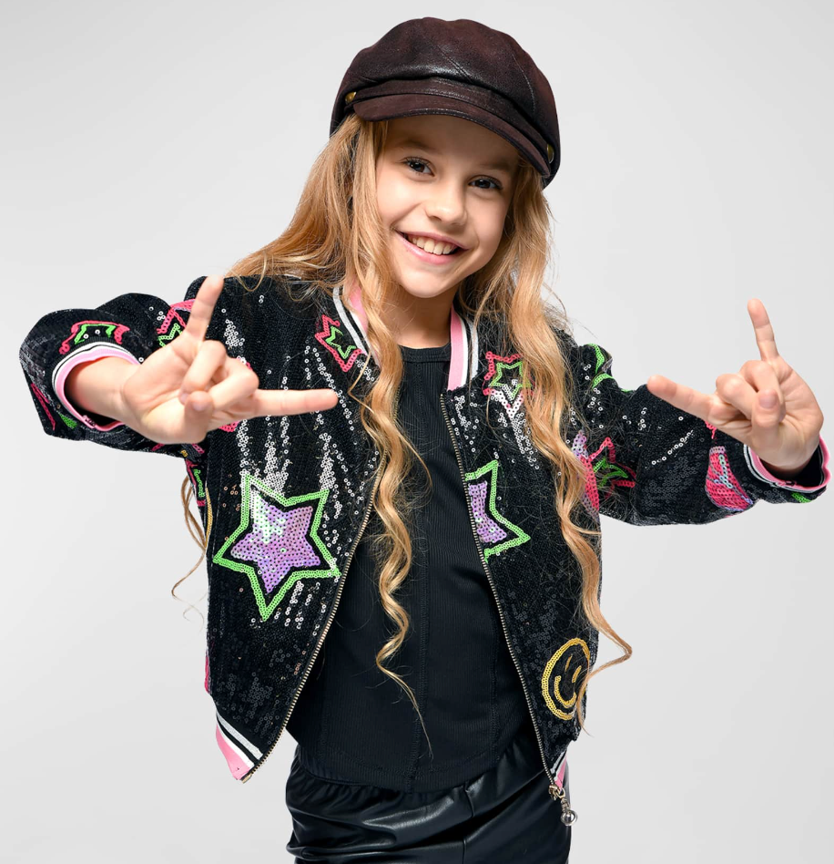 Sequin Emoji Jacket w/Faux Fur Lining