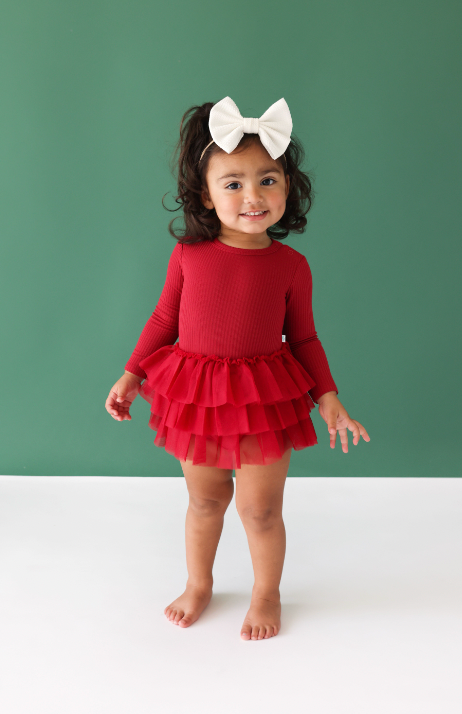 Solid Ribbed Dark Red LS Tulle Skirt Bodysuit