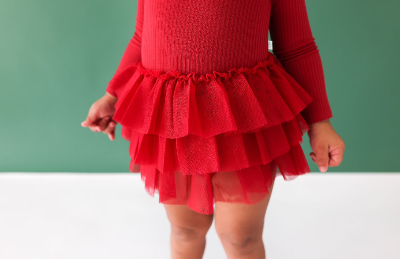 Solid Ribbed Dark Red LS Tulle Skirt Bodysuit
