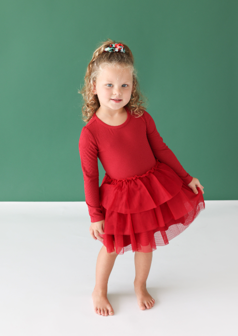 Solid Ribbed Dark Red LS Tulle Dress