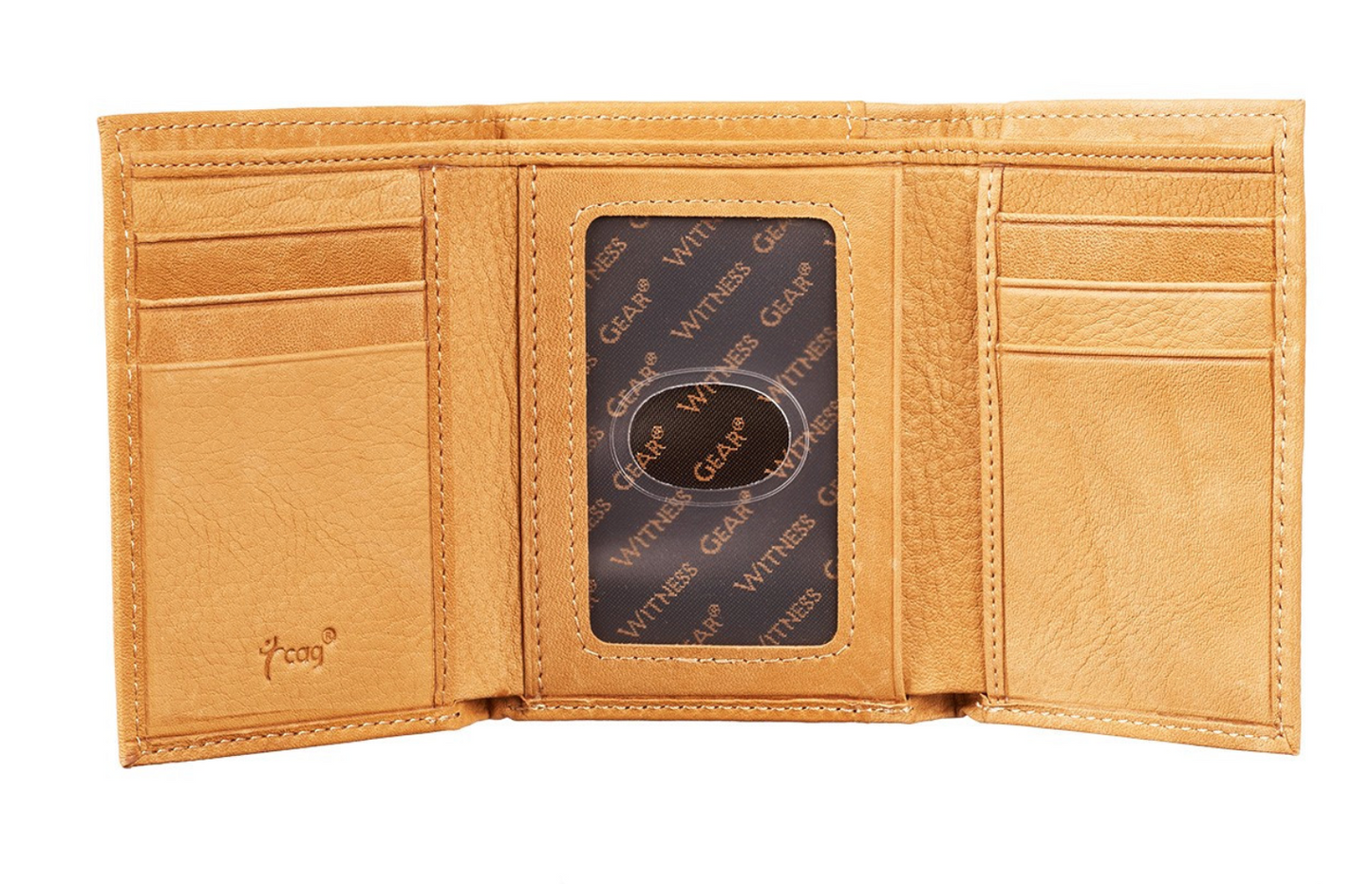 Wings Like Eagles Camel Tan Full Grain Leather Trifold Wallet