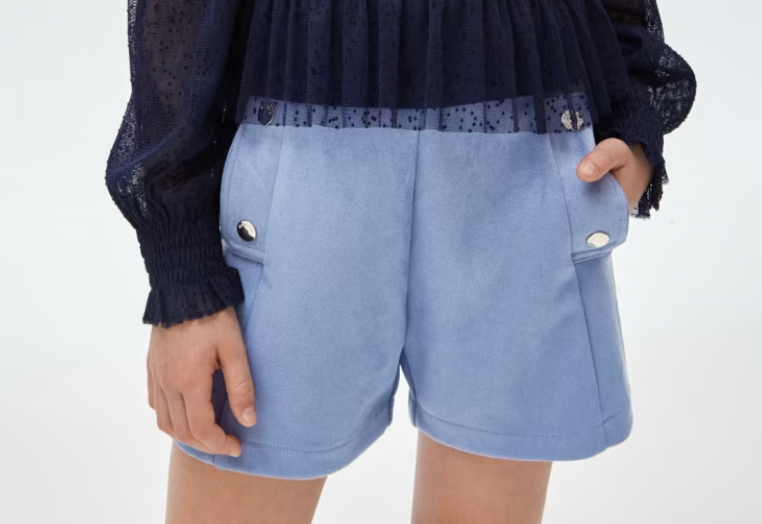 Blue Suede Shorts w/Button Pocket Detail