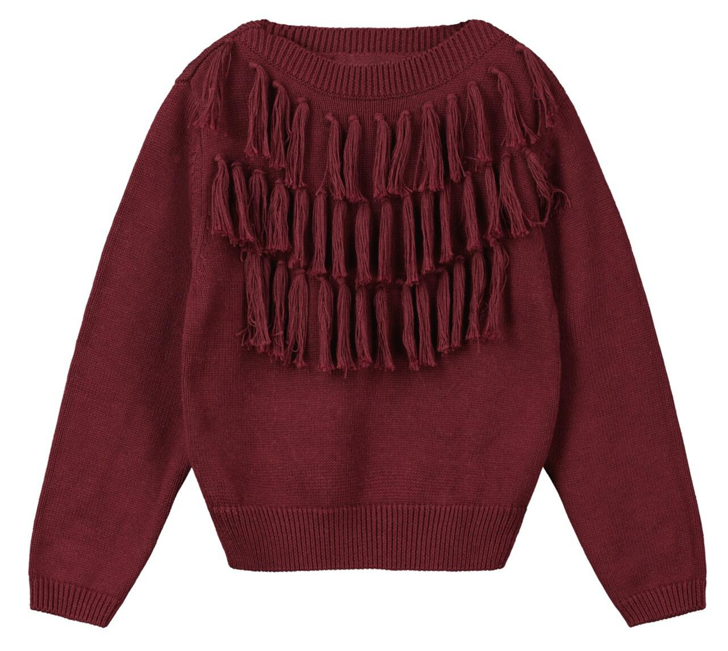 Maroon Longline Fringed Knit Sweater