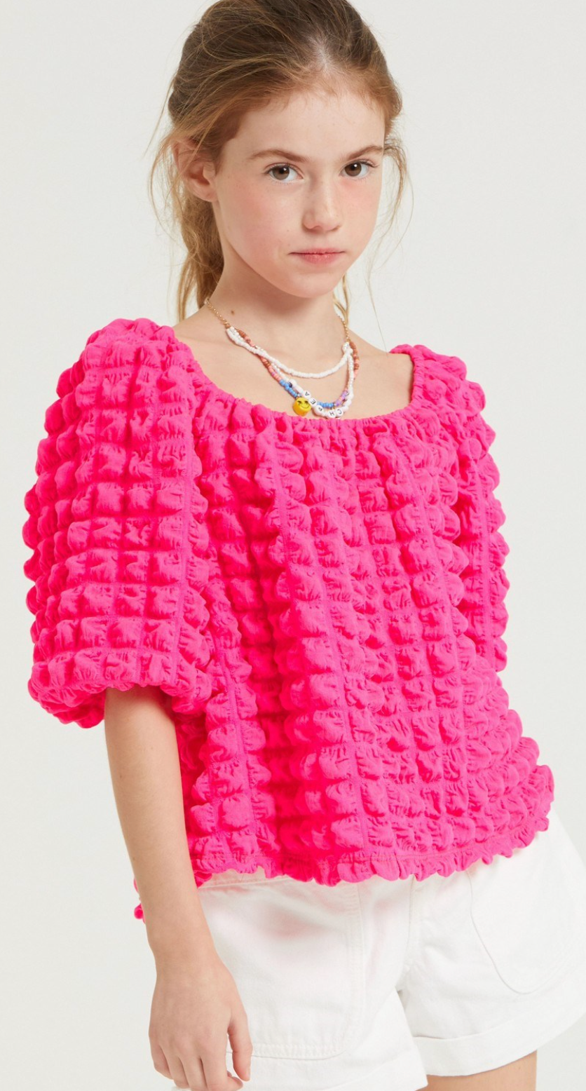 Embossed Bubble Texture Balloon Sleeve Top Hot Pink