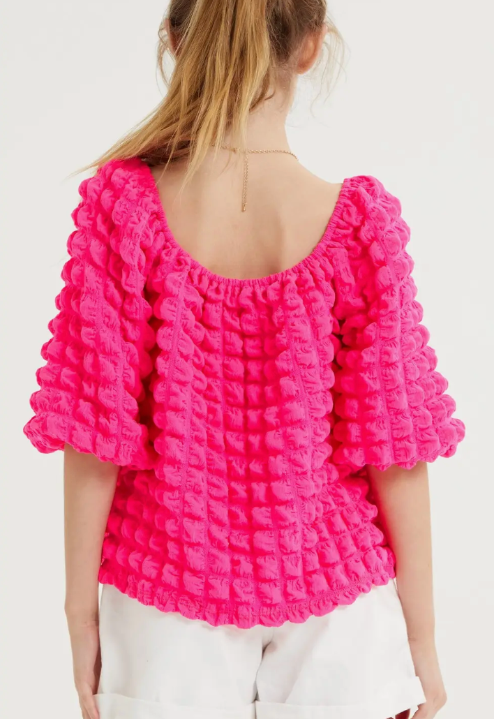 Embossed Bubble Texture Balloon Sleeve Top Hot Pink