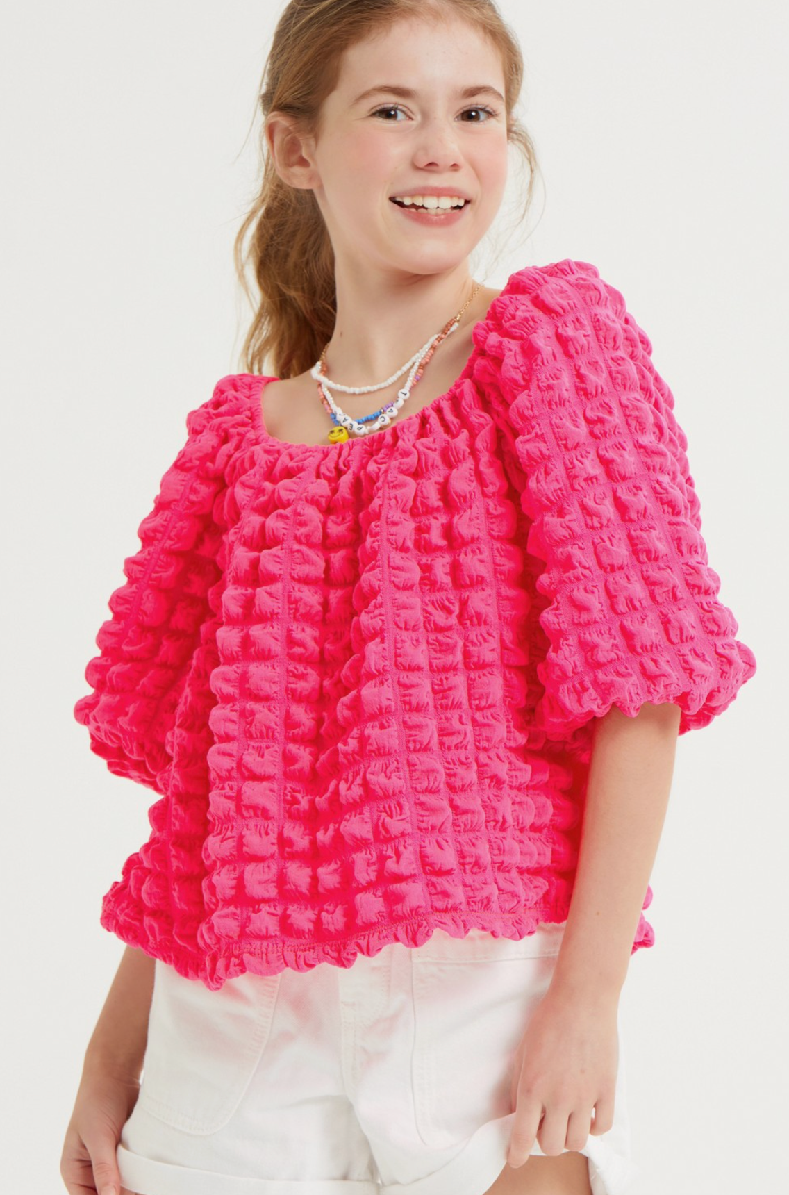 Embossed Bubble Texture Balloon Sleeve Top Hot Pink