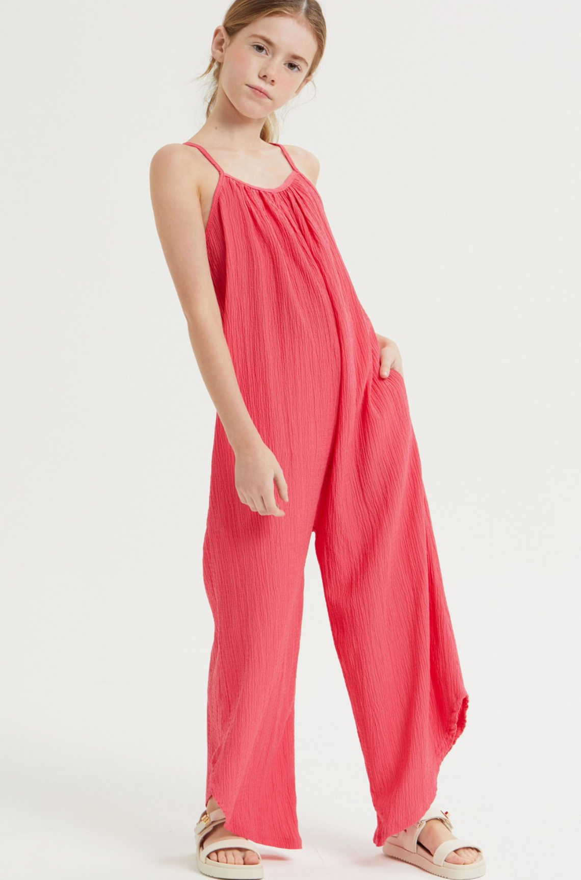 Hot Pink Asymmetrical Hem Wide Crinkled Leg Pant