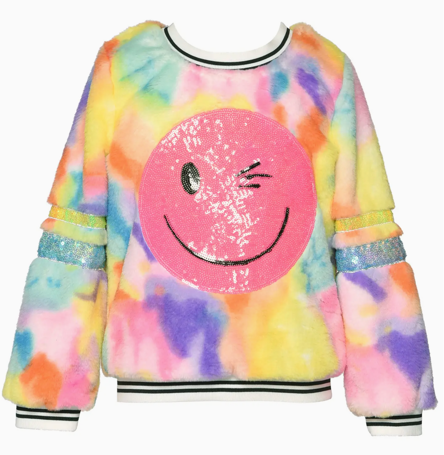 Sequin Happy Face Patch Faux Fur Top