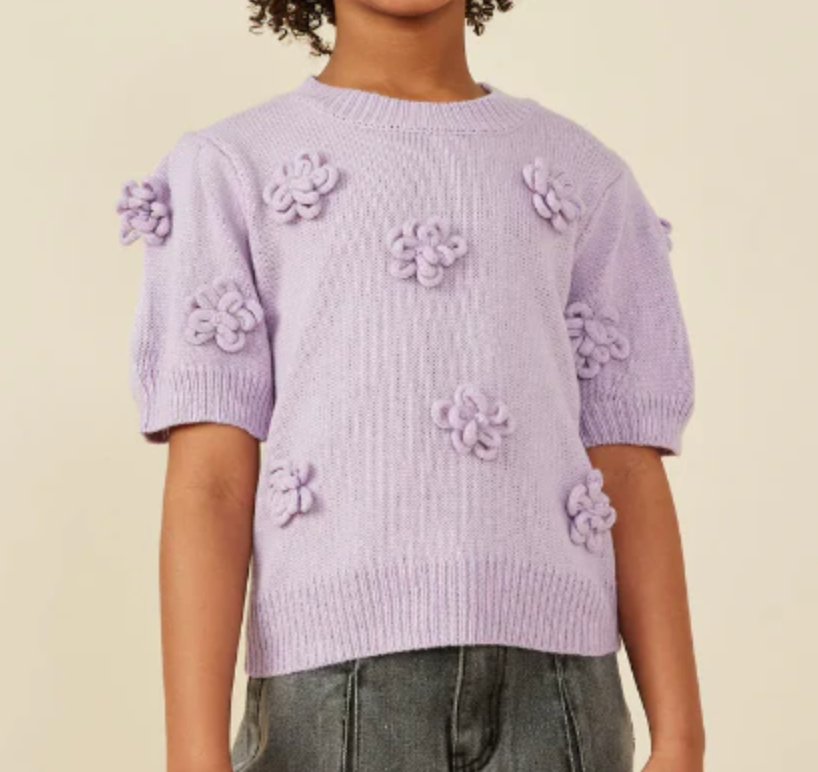 Hand Knit Floral Patch Sweater Top Lavender