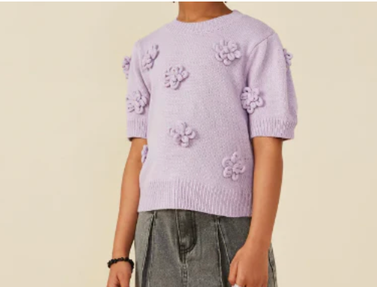 Hand Knit Floral Patch Sweater Top Lavender