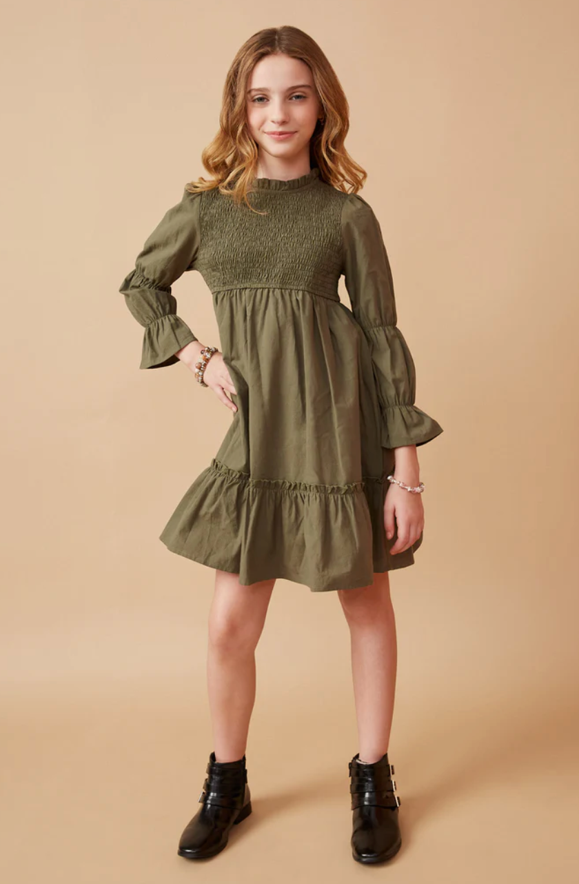 Poplin Smocked Bodice Peasant Sleeve Dress Olive