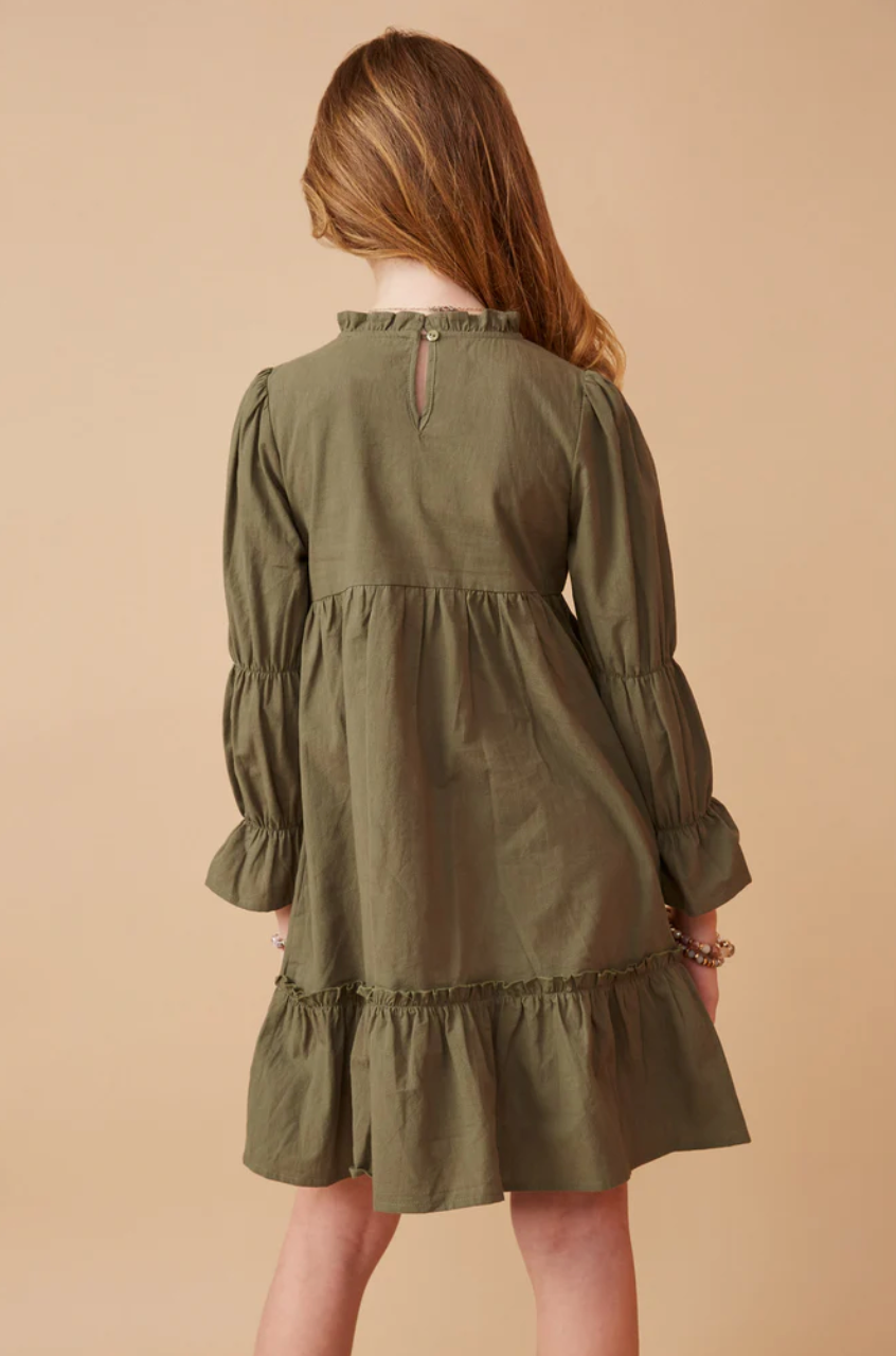 Poplin Smocked Bodice Peasant Sleeve Dress Olive