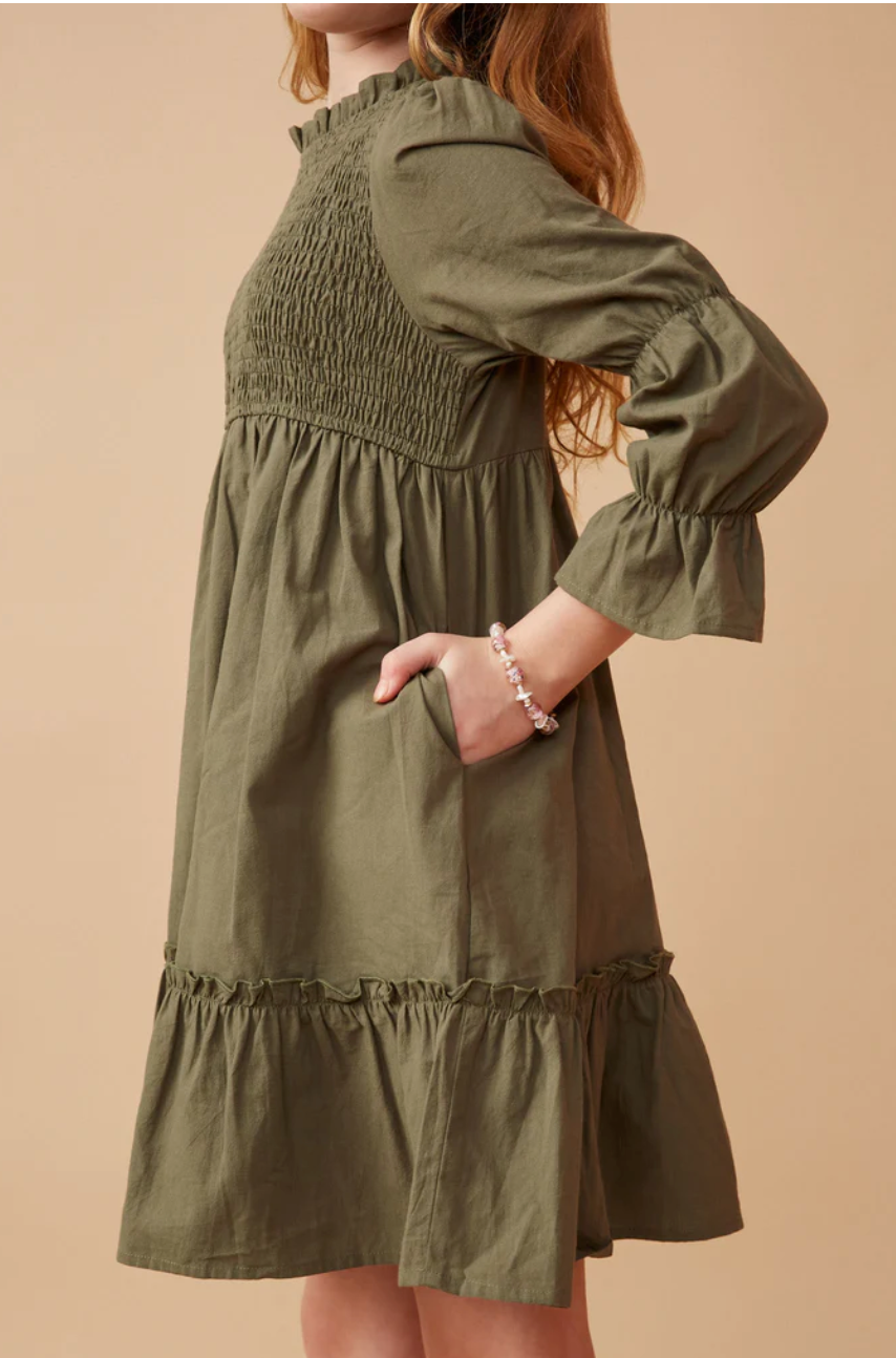 Poplin Smocked Bodice Peasant Sleeve Dress Olive