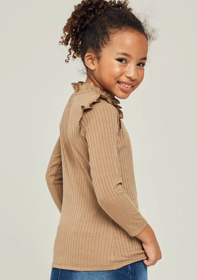 Ribbed Ruffle Mock Neck Long Sleeve Top Chestnut