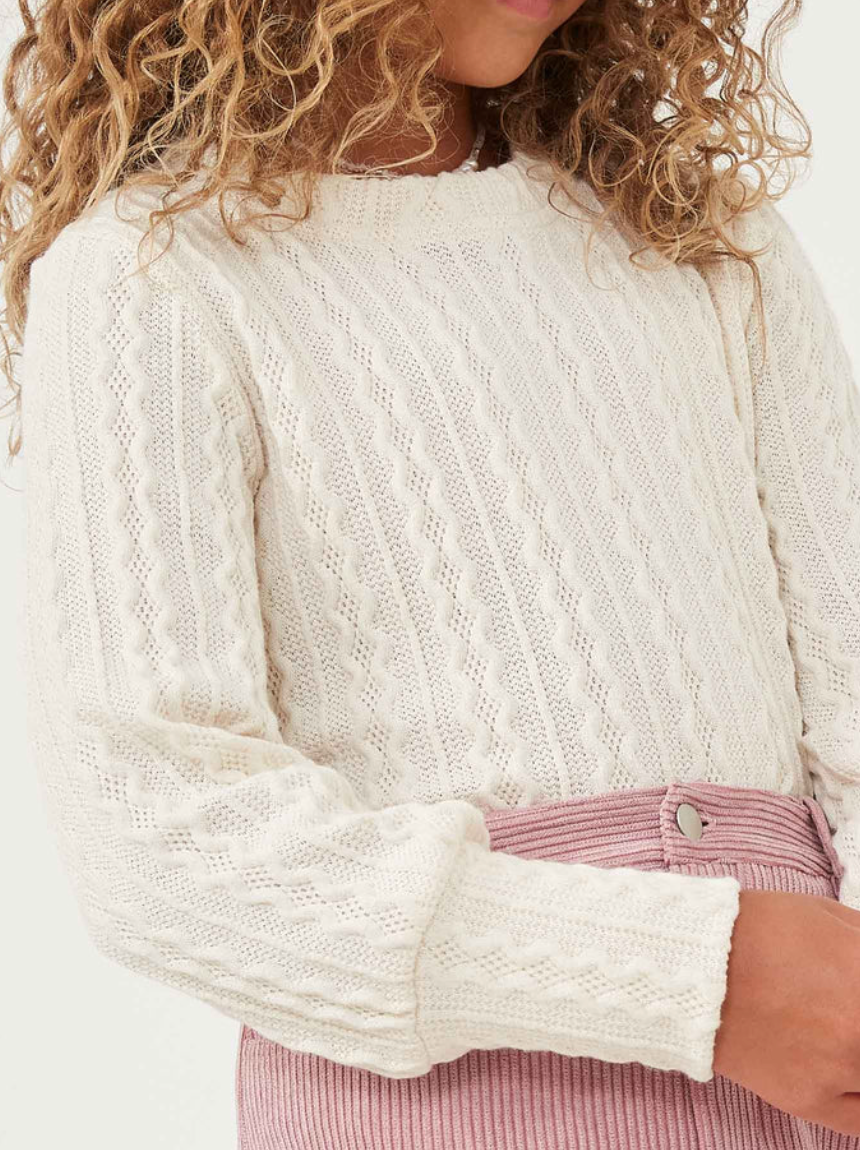 Long Cuff Cable Knit Pullover Top Ivory