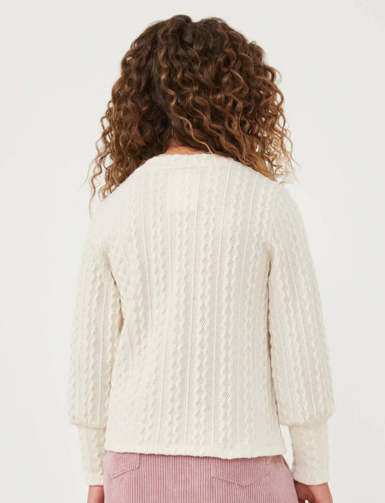 Long Cuff Cable Knit Pullover Top Ivory