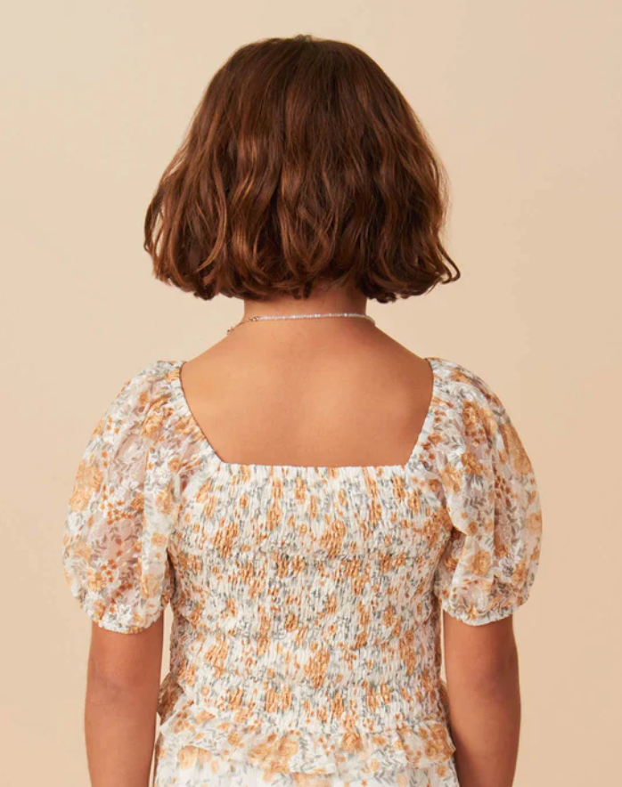 Floral Printed Eyelet Full Smocked Puff Sleeve Top Honey