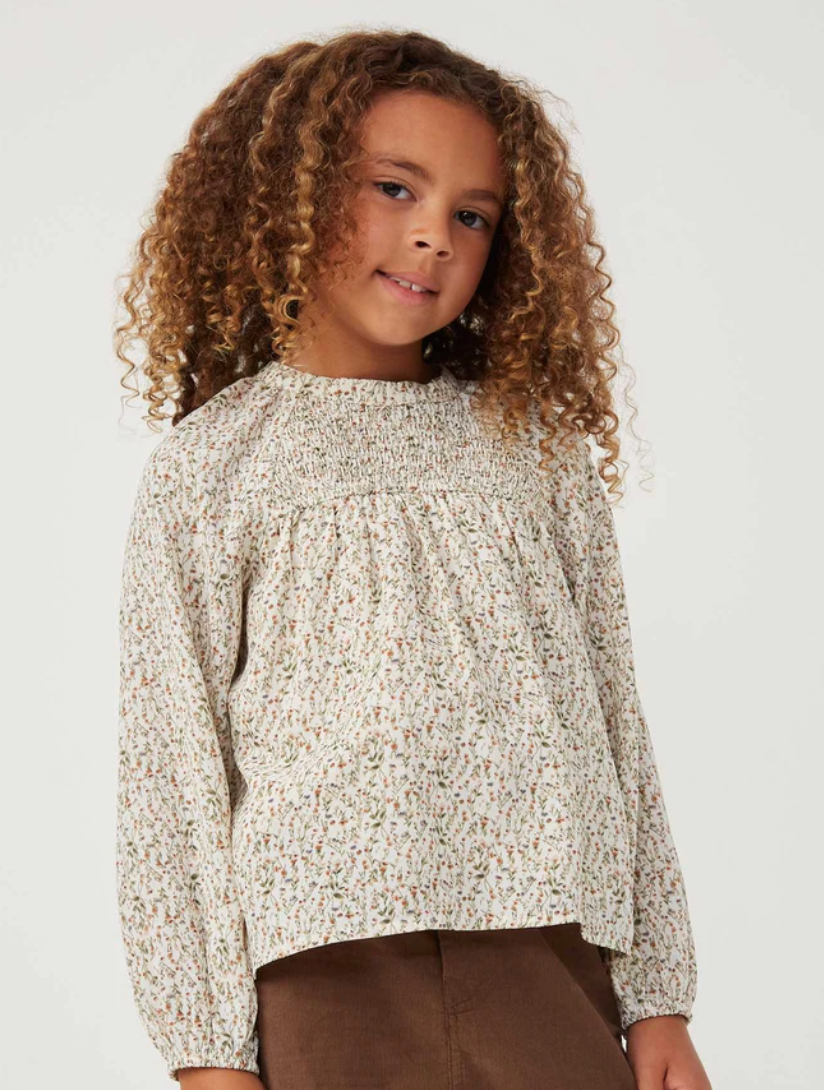 Ditsy Print Smocked Detail Long Sleeve Top