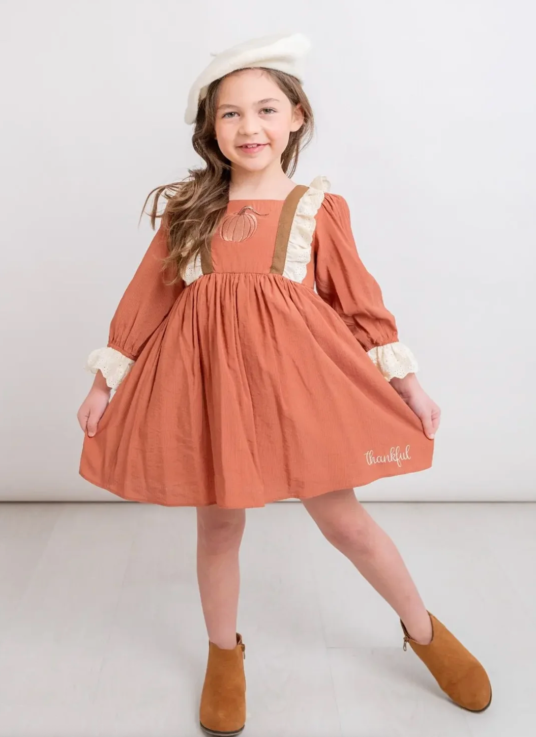 Evie's Closet Pumpkin Patch Rust Chocolate Ivory Emb Dress