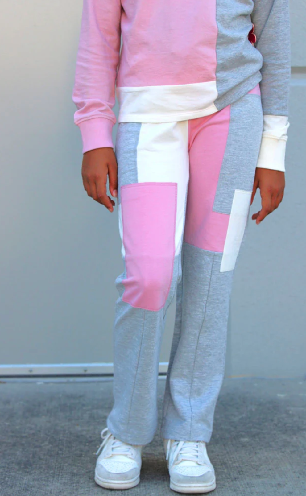 Patchwork crop mock neck sweatshirt pant set