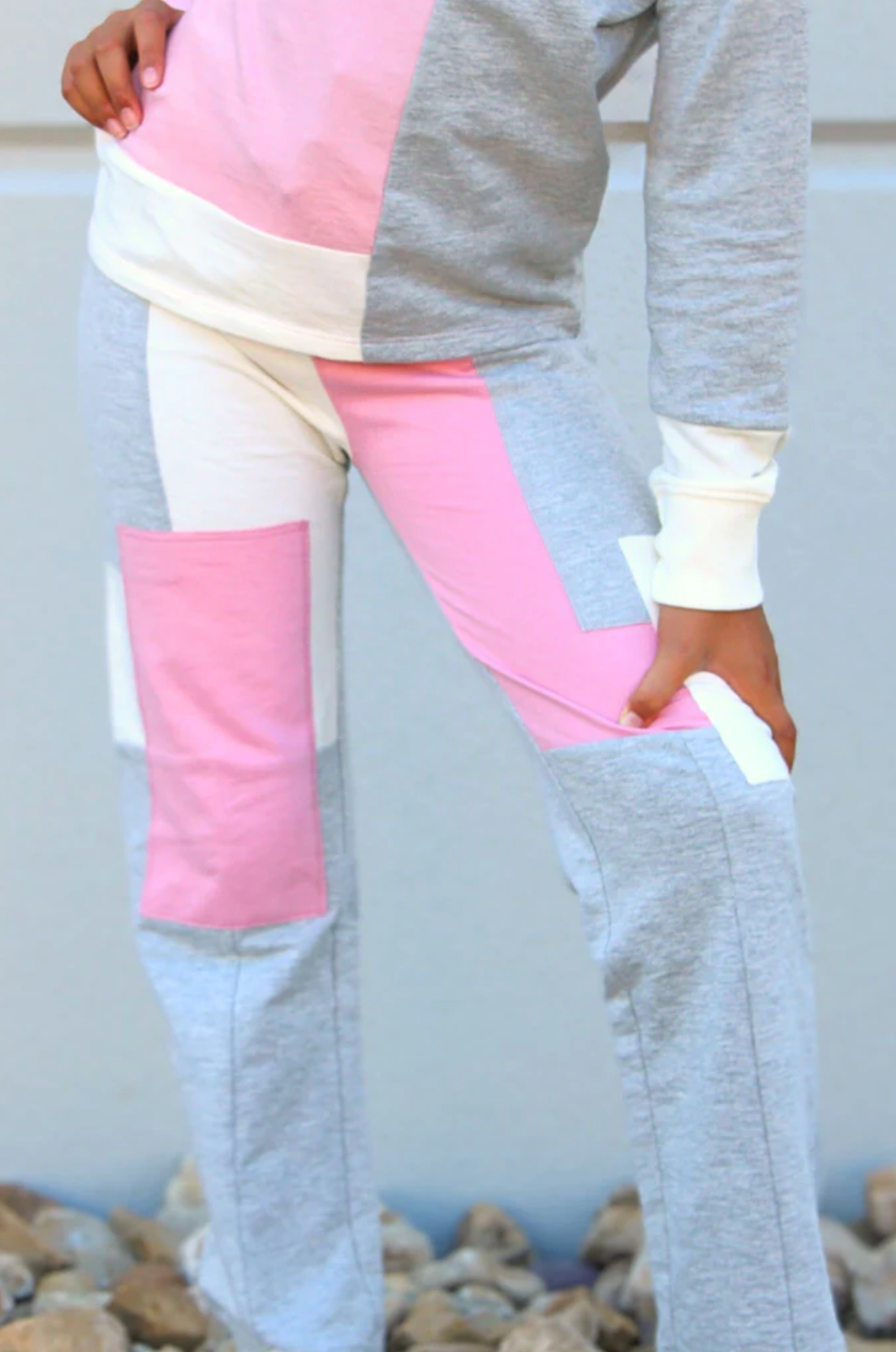 Patchwork crop mock neck sweatshirt pant set