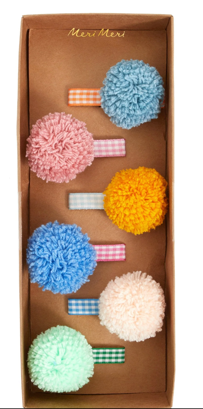 Big Gingham Pompom Hair Clips