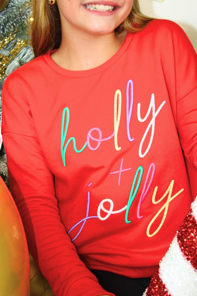 Holly Jolly Puff Embroidery Christmas Sweatshirt