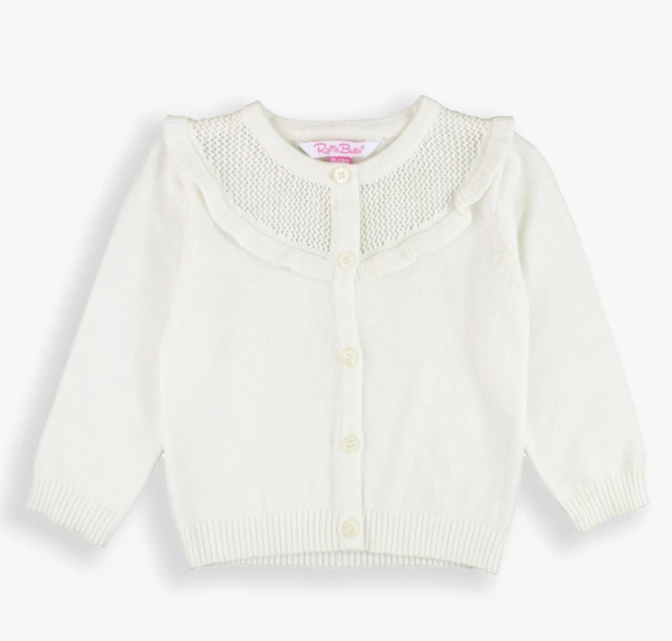 Off-White Sweater Knit Ruffle Trim Cardigan