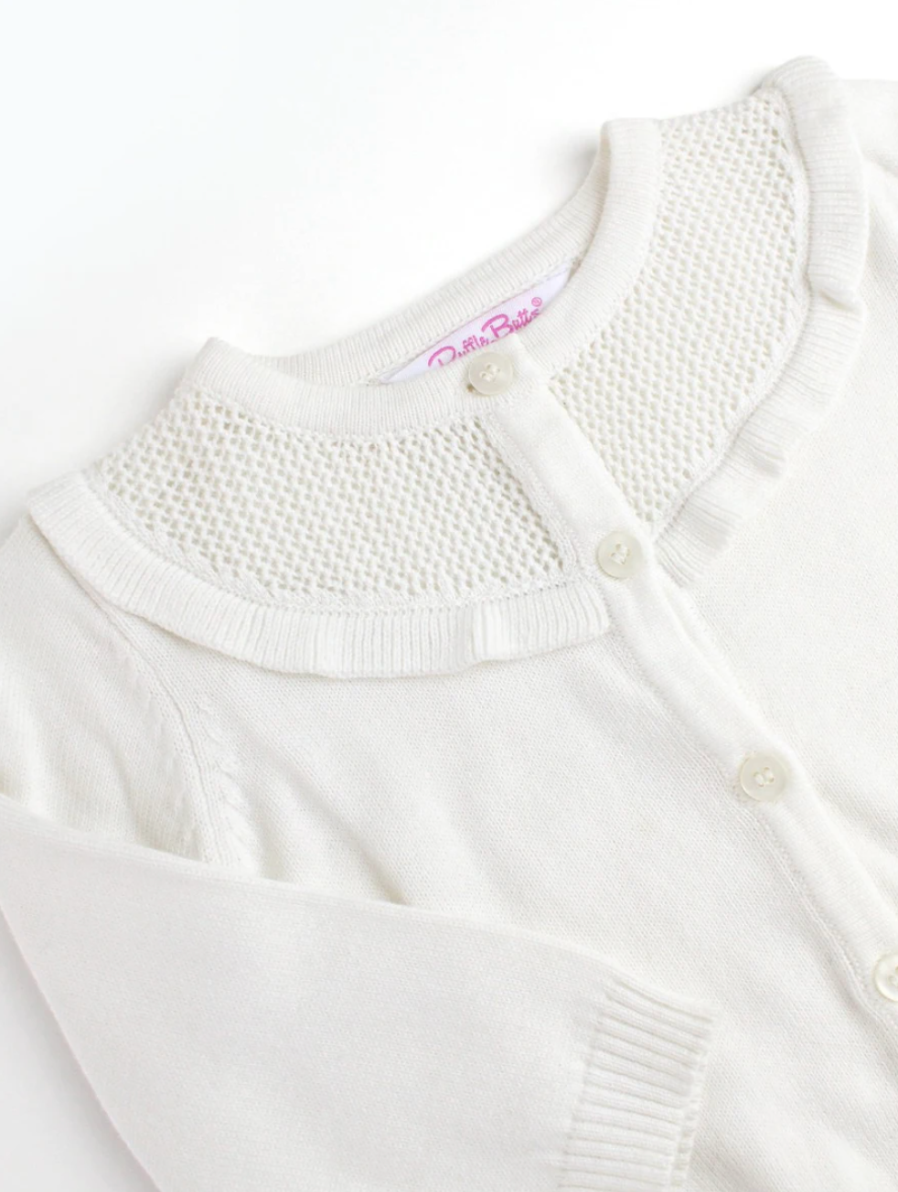 Off-White Sweater Knit Ruffle Trim Cardigan